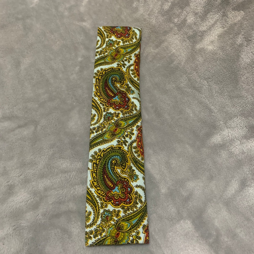 Vtg Rooster‎ John Wanamaker Paisley Neck Tie Green Gold Hand Printed Square End
